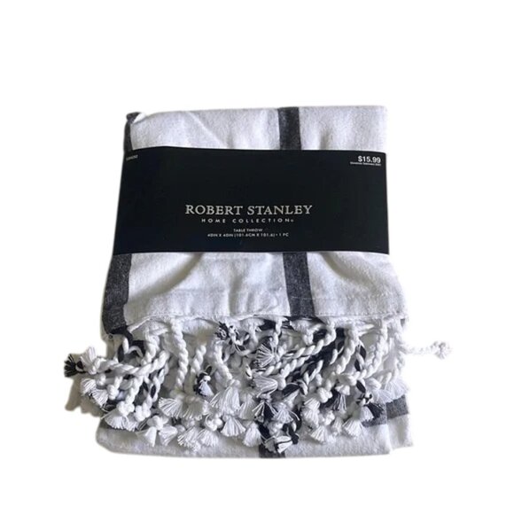 Robert Stanley White and Black Striped Table Throw - Picture 1 of 6